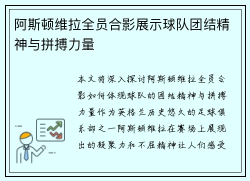 阿斯顿维拉全员合影展示球队团结精神与拼搏力量